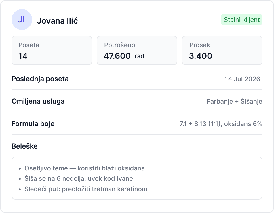 Prikaz kartona klijenta sa formulom boje u Sveski